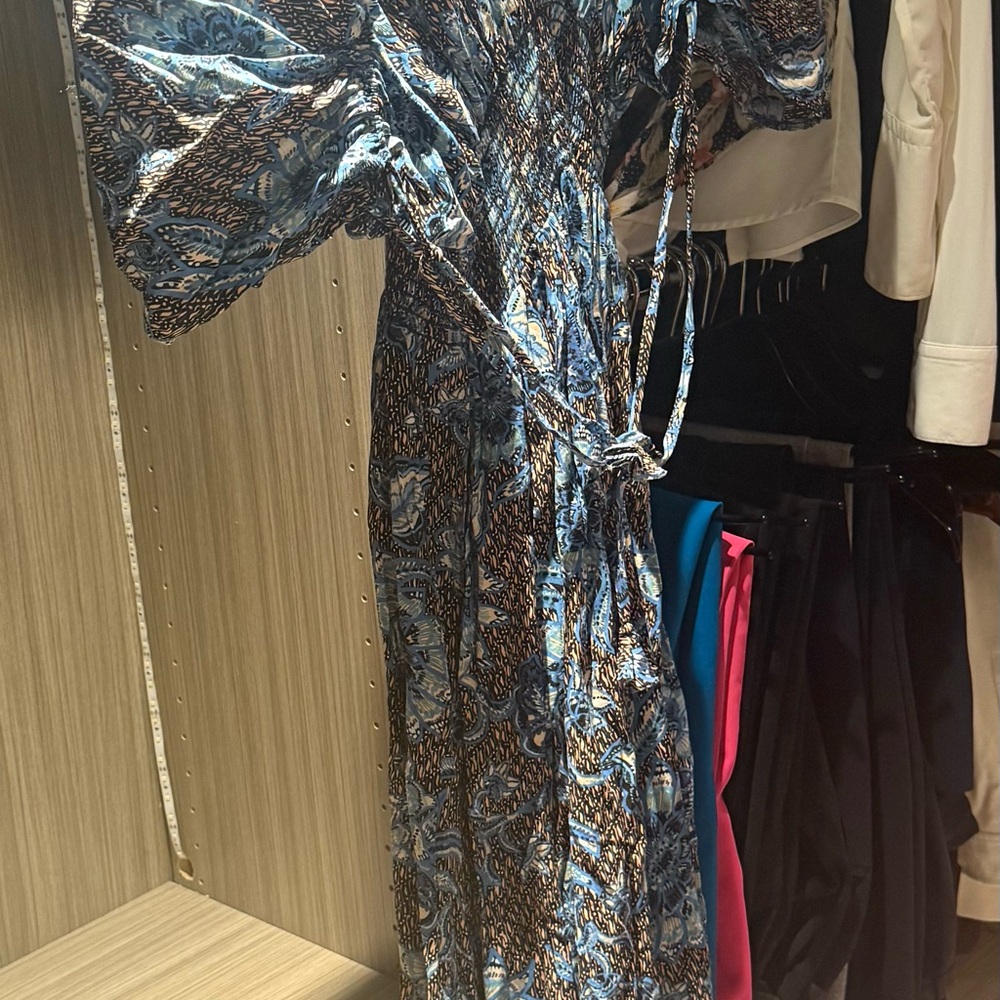 Misa Smocked Blue and Brown Midi Dress- M